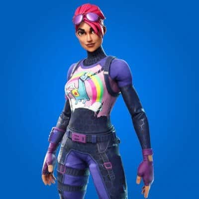 Brite Bomber Fortnite character skin reference showing purple tactical suit with unicorn chest graphic and pink hair