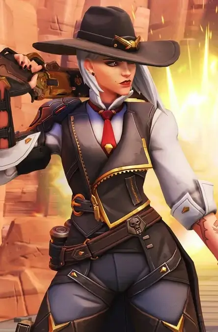 Ashe Overwatch cosplay styling reference showing white wig, black cowboy hat, gold hardware vest and high heel boots