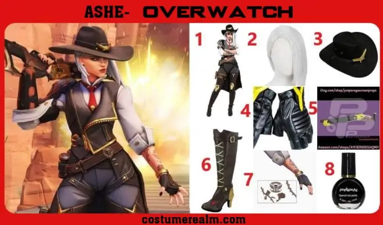Ashe Overwatch costume guide infographic showing cosplay set, white wig, cowboy hat, gloves, boots, tattoo kit and black nail polish