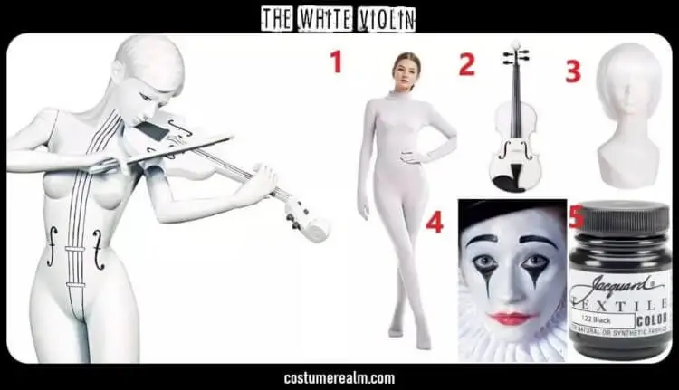 The White Violin costume guide infographic from The Umbrella Academy showing white bodysuit, white violin, white short wig, white body makeup and black textile paint