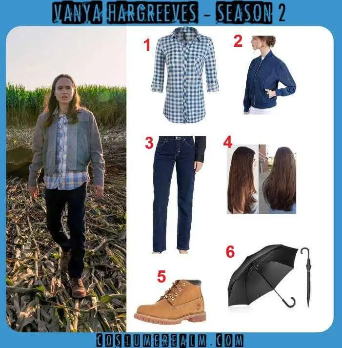Vanya Hargreeves Season 2 costume guide infographic from The Umbrella Academy showing plaid shirt, grey-blue bomber jacket, dark jeans, brown wig, ankle boots and black umbrella