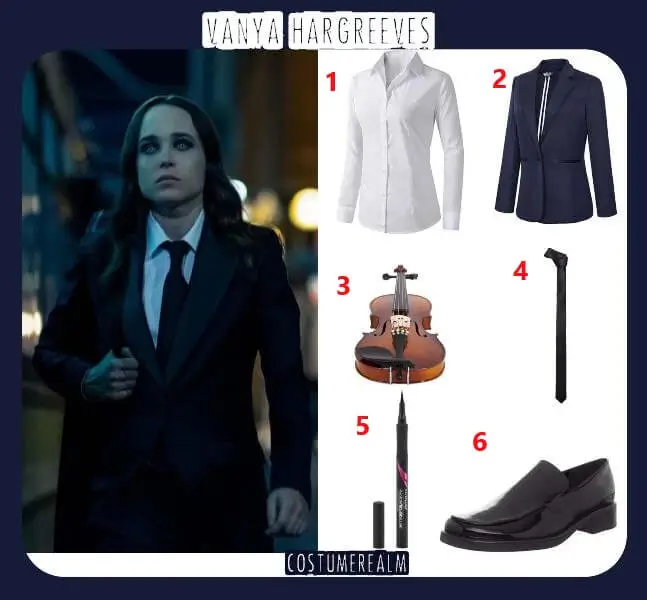 Vanya Hargreeves Season 1 costume guide infographic from The Umbrella Academy showing white shirt, navy blazer, beginner's violin, black skinny tie, black eyeliner and black loafers