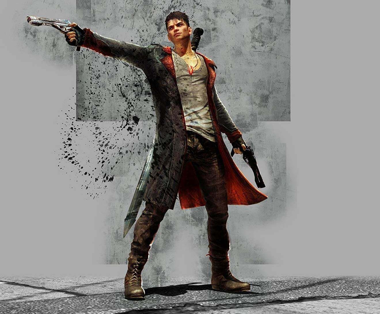 Dante Devil May Cry cosplay group and couple costume reference showing the complete coat, Rebellion sword, and Ebony and Ivory guns assembled as the full character look