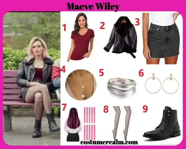 Maeve Wiley Sex Education costume guide showing claret red top, faux shearling moto jacket, black denim skirt, layered necklace, wrap bracelet, round hoop earrings, pink hair extensions, fishnet stockings and black combat boots