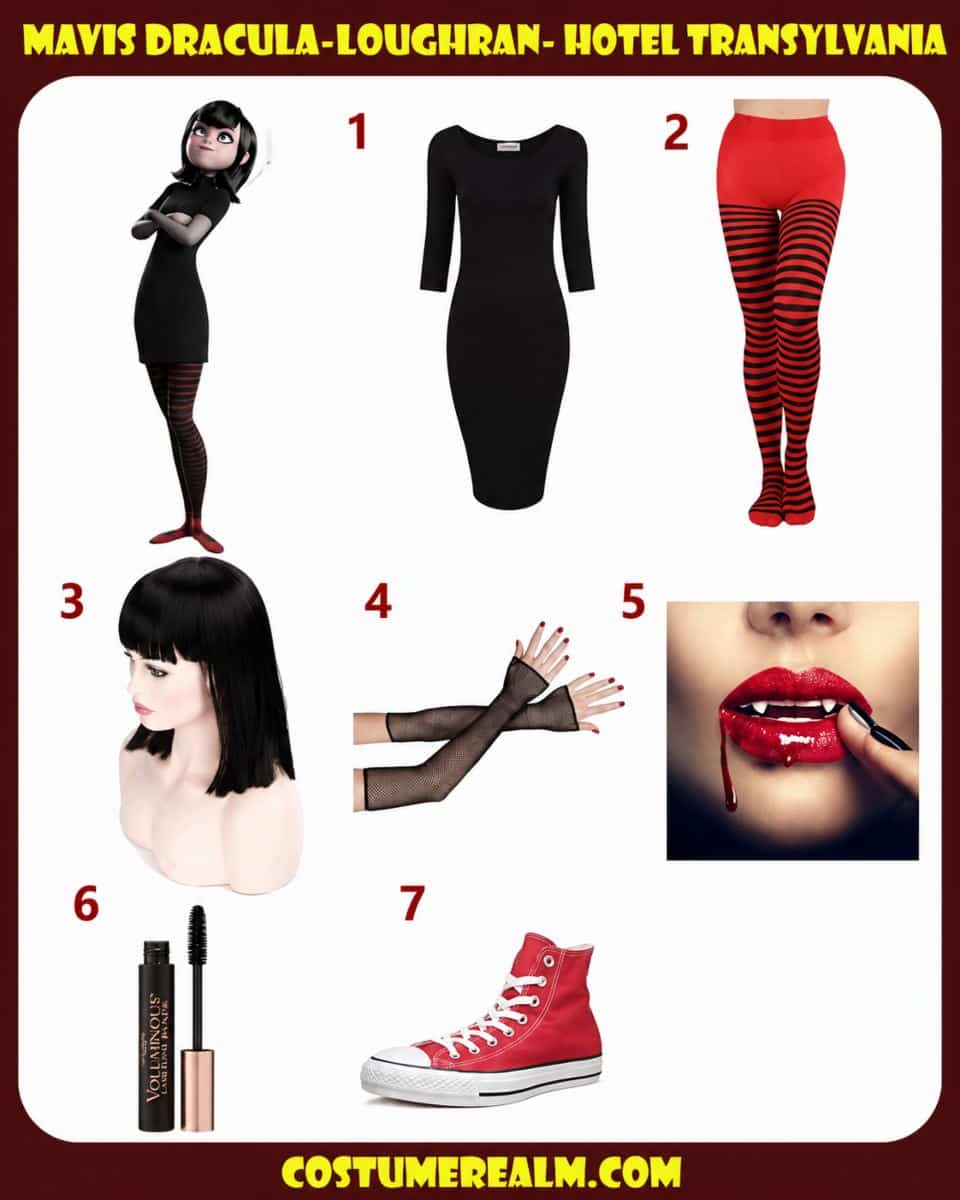 Mavis from Hotel Transylvania Halloween costume showing black bodycon dress, red striped tights, bob wig, gloves, and fangs