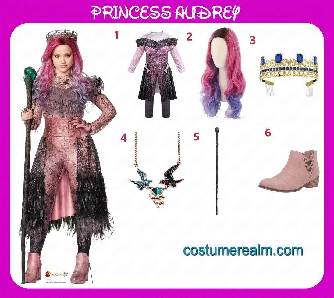 Audrey Halloween costume infographic showing the pink gown, gold crown, and necklace