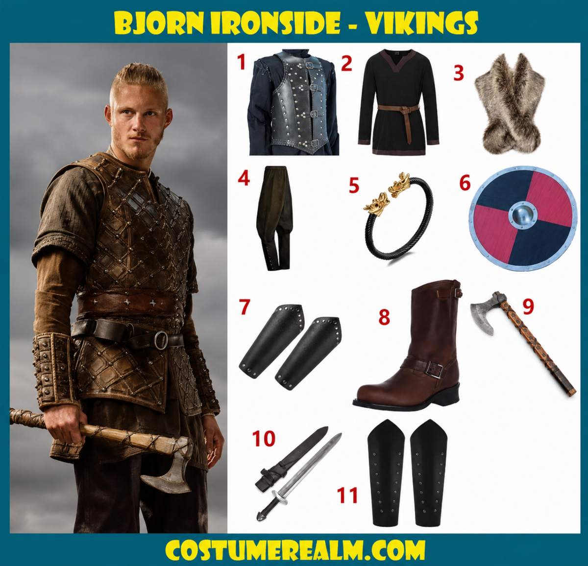 Bjorn Ironside Halloween costume infographic showing leather armor, tunic, fur shawl, pants, bracelet, shield, bracers, boot covers, axe, sword, and leg armor