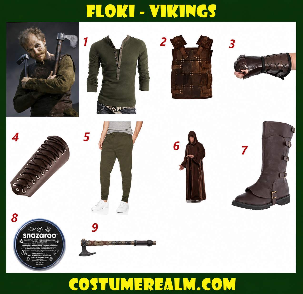Floki Halloween costume infographic showing green shirt, leather armor, gloves, bracelet, sweatpants, cloak, boot covers, face paint, and axe