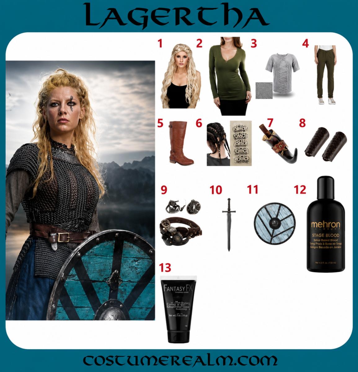 Lagertha Halloween costume infographic showing wig, chain mail crop top, green shirt and trousers, boots, sword, and shield