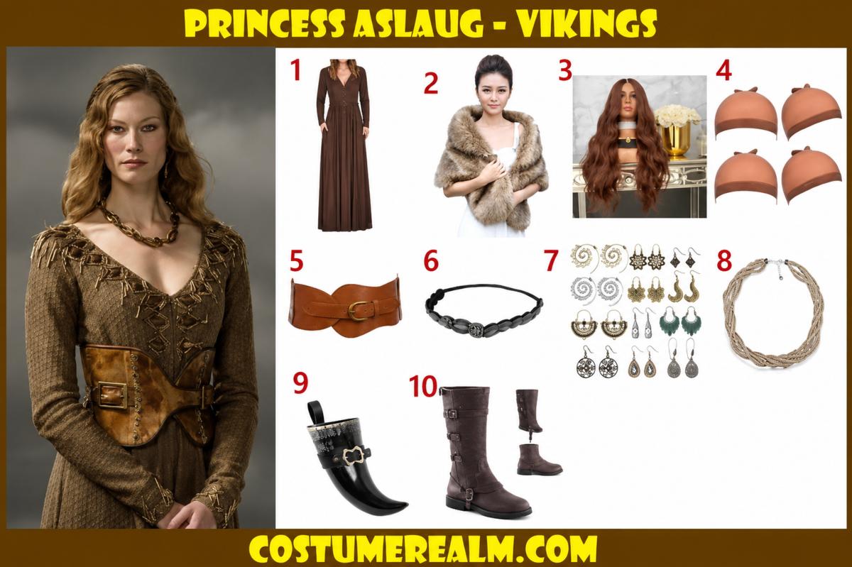 Princess Aslaug Halloween costume infographic showing the wavy wig, medieval dress, fur wrap, and all 10 numbered items