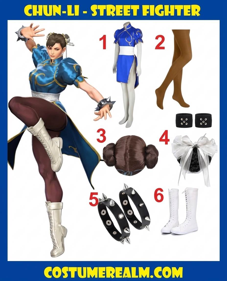 Chun-Li Halloween costume infographic showing the blue qipao dress, wig, and boots