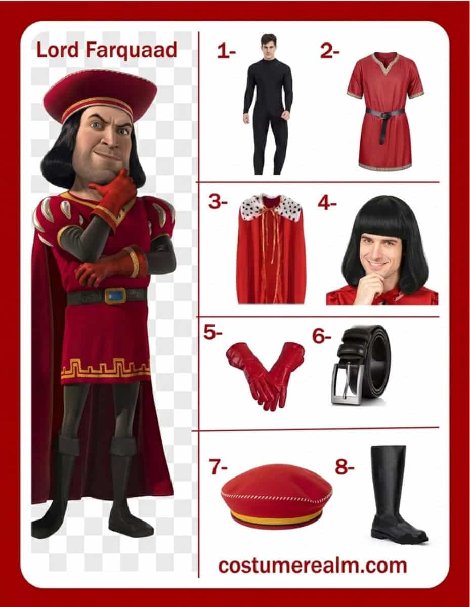 Lord Farquaad From Shrek Halloween costume infographic showing red tunic, king robe, and black wig