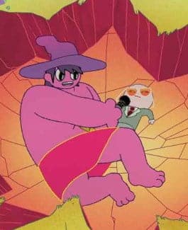 Glasses Man from The Midnight Gospel wearing his olive suit and orange-tinted glasses, the reference look for the Halloween costume