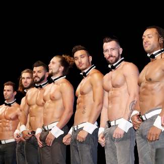 Chippendales dancers lined up on stage showing their bare-chested collar and cuff look