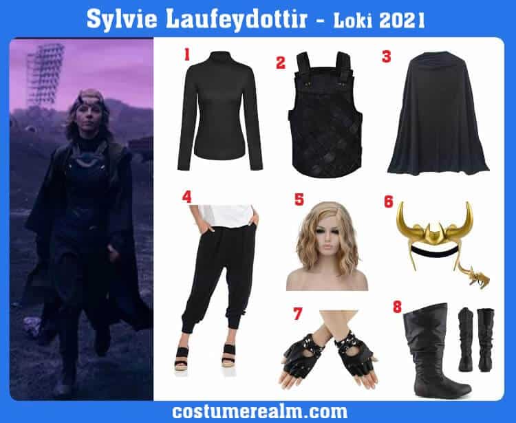 Sylvie Laufeydottir Halloween costume reference showing her alone in full costume with horned circlet, leather armor, blonde hair, and green cape from the Loki Disney+ series