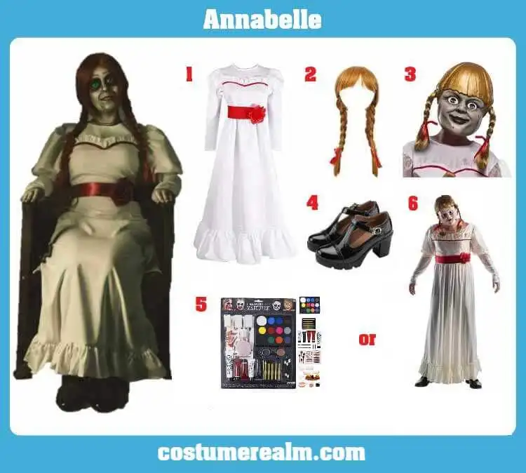 "Image of an Annabelle costume guide, detailing the necessary items and steps to achieve the iconic horror movie look."