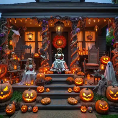 "Spooky 'Annabelle' themed Halloween decor with carved pumpkins and ghostly figures in a yard."