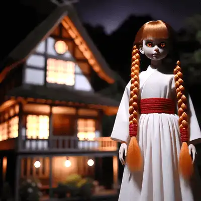 "Orange-braided doll in a white dress stands sentinel outside an age-old shadowed wooden house."