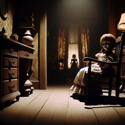 "The Annabelle doll sits in a shadowy corner of a room, evoking dread with vintage surroundings."