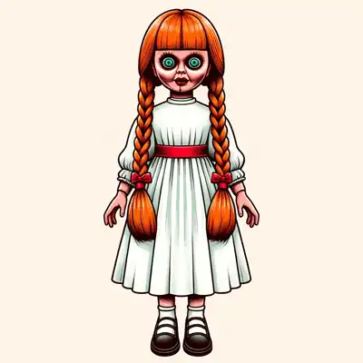 "Life-sized doll with orange braided hair, white dress, and red belt, standing before a shadowy wooden house at night."