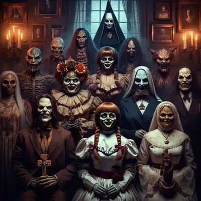 "Terrifying group in costumes from 'Annabelle' and 'The Conjuring', in a spooky, candlelit setting."