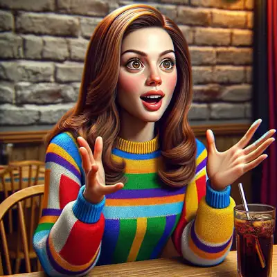 Enthused woman in a striped sweater gestures in surprise.