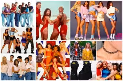90s theme party cosplay inspiration collage showing Baywatch cast, Spice Girls, Clueless characters, platform Buffalo boots, and black tattoo chokers as visual reference for assembling 90s party outfits