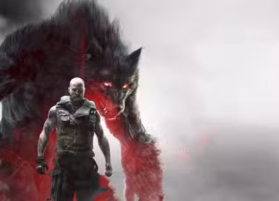 Cahal Filin from Werewolf The Apocalypse Earthblood in human form wearing a dark tactical vest, fingerless gloves, and tactical pants, standing before his massive Garou werewolf form shown in red-lit silhouette
