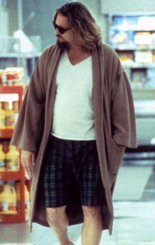Lebowski, in his iconic bathrobe, shopping for milk
