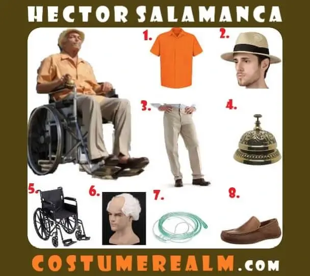 Hector Salamanca Halloween costume with orange shirt, straw hat, wheelchair, and service desk bell