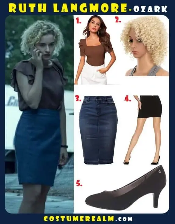 Ruth Langmore from Ozark Halloween costume infographic showing brown t-shirt, denim skirt, curly wig, and black pumps