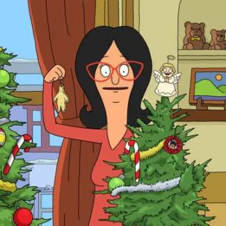 Linda Belcher Bob's Burgers cosplay reference showing the full character look, wine-red long sleeve top, white bistro apron, cat-eye glasses, short dark bob wig, blue pen in pocket, and yellow slip-on flats