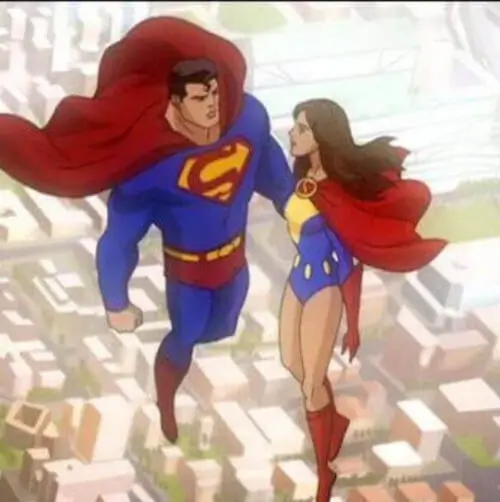 Super Lois cosplay costume reference showing the blue bodysuit, red cape, and yellow crop top styling together