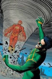 Cosplayer dressed as The Weather Wizard wearing the green lace-up shirt and yellow-black striped scarf belt