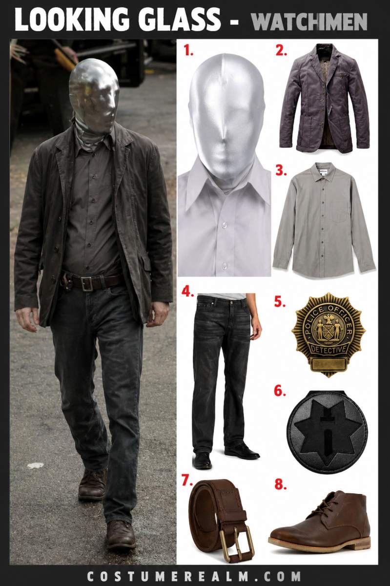 Looking Glass Halloween costume infographic showing reflective hood mask, suit jacket, poplin shirt, jeans, and detective badge