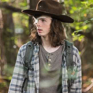 Carl Grimes cosplay styling reference — open grey plaid flannel over dark grey henley, slim cowboy-cut jeans, wide-brim brown hat tilted forward, white bandage eye patch over right eye, dark brown work boots