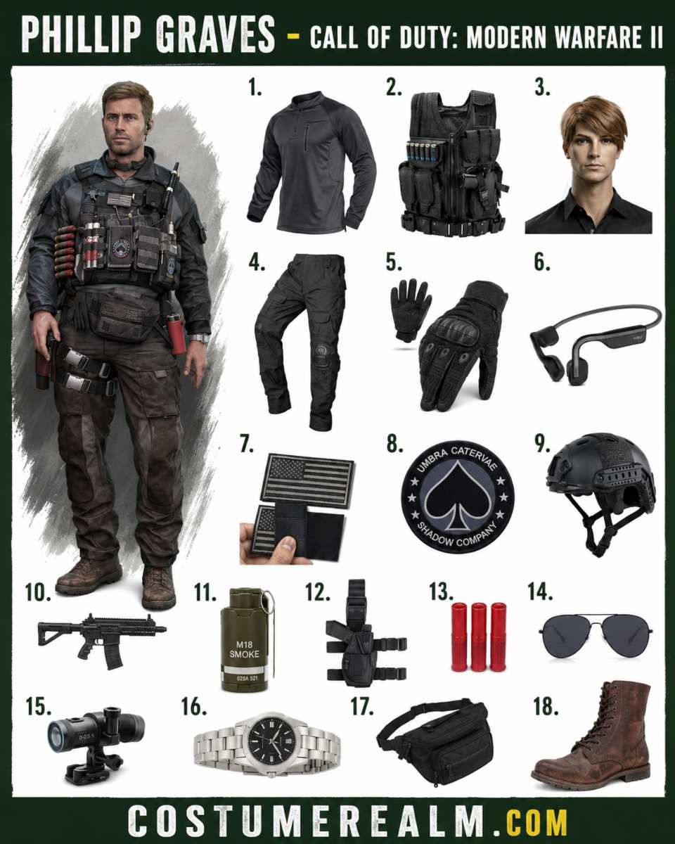 Philip Graves Halloween costume infographic showing tactical vest, cargo gear, helmet, patches, and gear from Call of Duty Modern Warfare 2