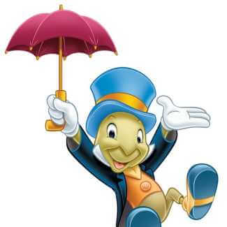 Jiminy Cricket cosplay styling reference — black tailcoat open over orange vest and white dress shirt, khaki chino trousers, blue top hat with yellow ribbon, white parade gloves, red umbrella