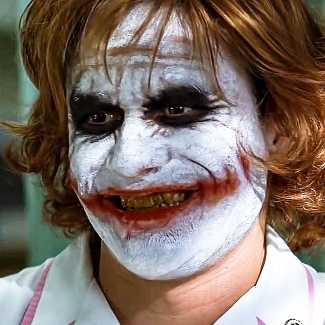 Joker nurse cosplay styling reference from The Dark Knight showing the full hospital scene look with green wig and Joker makeup