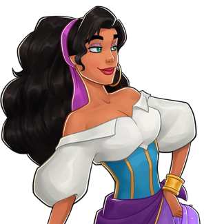 Esmeralda cosplay costume reference — purple skirt, teal bodice, white off-shoulder blouse, pink sash at hip, stacked gold bangles, long curly black hair