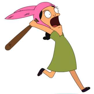 Louise Belcher cosplay styling reference — olive-green tunic dress, pink bunny ear beanie over black flip-out wig, black Mary Jane flats, Kuchi Kopi figure
