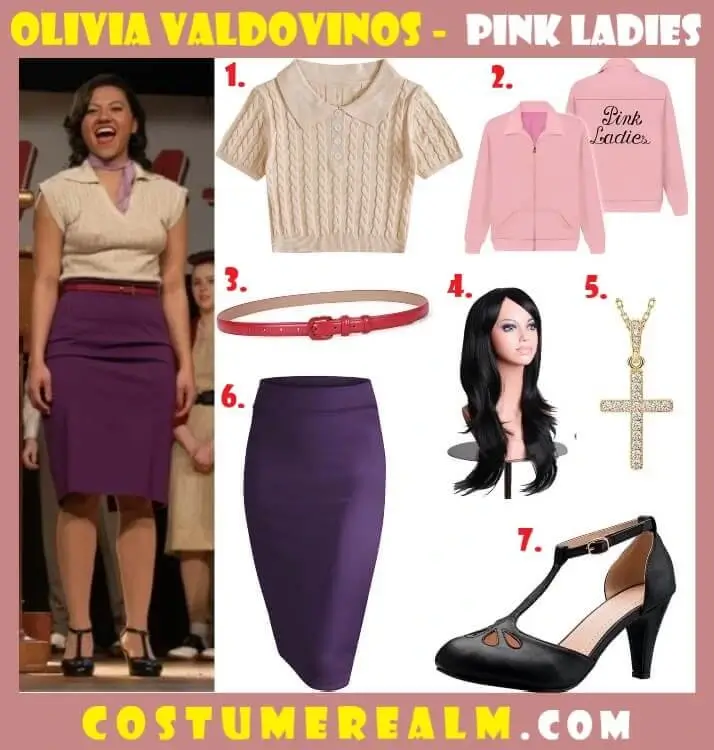 Olivia Valdovinos from Grease Rise of the Pink Ladies cosplay guide showing pink jacket, long wavy wig, and gold cross necklaces
