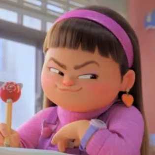 Abby Park cosplay reference showing purple flower-patched overalls, lavender turtleneck, straight black wig with blunt bangs, and dark red chunky boots