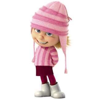 Edith Gru cosplay reference showing the pink striped sweater, earflap beanie, wine red skirt, and white snow boots