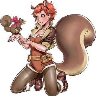 Squirrel Girl cosplay reference showing brown leather jacket, grey leggings, tactical belt, squirrel ears headband, and fluffy squirrel tail