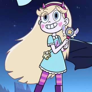 Star Butterfly cosplay styling reference — teal Peter Pan collar dress, purple and pink striped tights, bright pink knee-high boots, devil horn headband, wand in hand