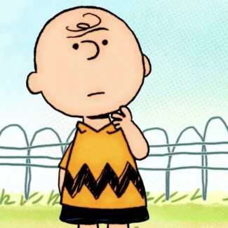 Charlie Brown cosplay showing the full costume with zigzag shirt, bald cap with eyeliner curl, baseball cap, and Snoopy plush