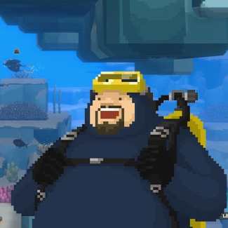 Dave the Diver cosplay costume full look with black wetsuit, round padded belly, yellow diving mask on the forehead, and dark beard