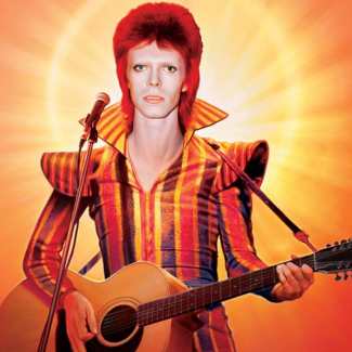 David Bowie Ziggy Stardust cosplay costume full look reference — striped jumpsuit, red spiky wig, lightning bolt face paint, red knee-high boots, inflatable guitar
