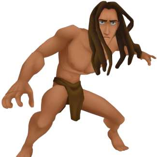 Tarzan cosplay costume styling reference — muscle shirt, jungle loincloth, fluffy brown wig, and spear prop